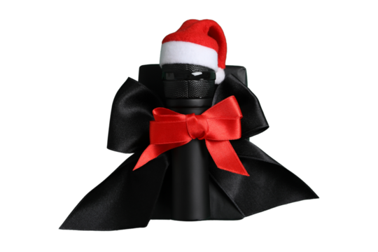 PNG, Christmas gifts with microphone, microphone with santa hat isolated on white background.