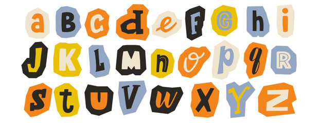 Paper cut out alphabet collection. Colorful different letter collage set. Cute craft doodle kid font elements bundle for decoration, poster, banner, print. Ransom style abc pack. Vector © vika_k