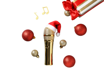 PNG, Christmas gifts with microphone, microphone with santa hat isolated on white background.