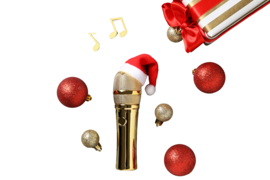 PNG, Christmas gifts with microphone, microphone with santa hat isolated on white background.