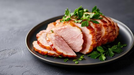 Sliced ham with fresh parsley on a black plate, delicious and appetizing presentation.