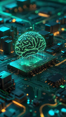 Glowing Green Brain-Like Structure Floating Above a Futuristic Circuit Board with Colorful Bokeh Lights – Digital Painting
