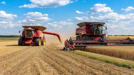 Fototapeta premium Two combine harvesters working in a golden wheat field under a blue sky with fluffy clouds.
