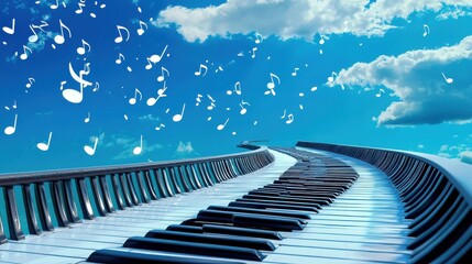 piano keys floating in surreal sky with musical notes