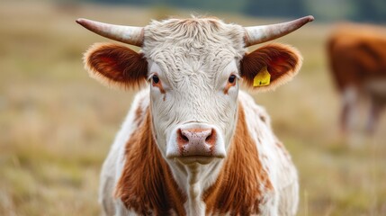 A close-up of a cow in a grassy field, showcasing its features and surroundings.