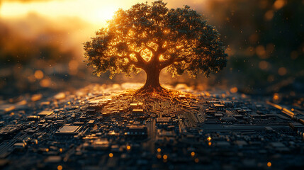 digital golden tree resembling a circuit board, symbolizing technology and nature's interconnectedness, set against an empty blank background, evoking a sense of innovation and potential