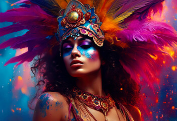 Vibrant Carnival Celebration with Colorful Feathered Headdress