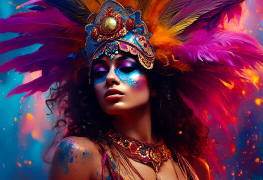 Vibrant Carnival Celebration with Colorful Feathered Headdress