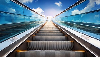 Fototapeta premium A modern escalator leads upward, framed by bright blue skies and clouds, creating a sense of ascension and openness.