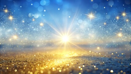 The image depicts a glowing, golden sunlight over a shimmering surface with sparkles, surrounded by a dreamy blue and gold bokeh background, evoking warmth, magic, and serenity.