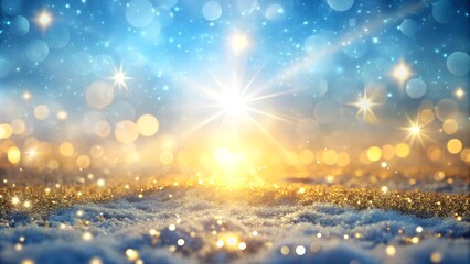 The image depicts a glowing, golden sunlight over a shimmering surface with sparkles, surrounded by a dreamy blue and gold bokeh background, evoking warmth, magic, and serenity.