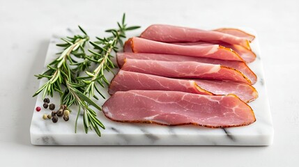 Sliced meat with fresh herbs on a marble cutting board, white isolated background.