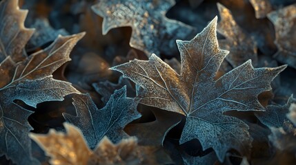 Frost-covered maple leaves, autumnal scene.