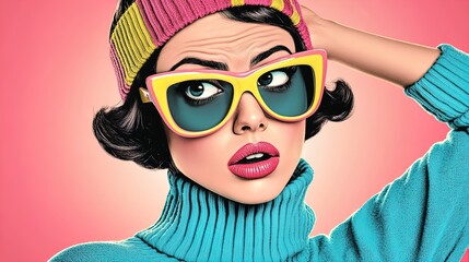 Vibrant Close-Up Portrait of a Woman in Colorful Striped Beanie and Textured Sunglasses – Perfect for Artistic Sports Interiors or Trendy Wall Art Posters