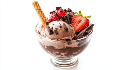 Strawberry and chocolate sundae ice cream cup and wafer stick isolated on white background