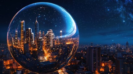 Obraz premium Mesmerizing Futuristic Cityscape with Towering Illuminated Skyscrapers and Glowing Reflections at Night