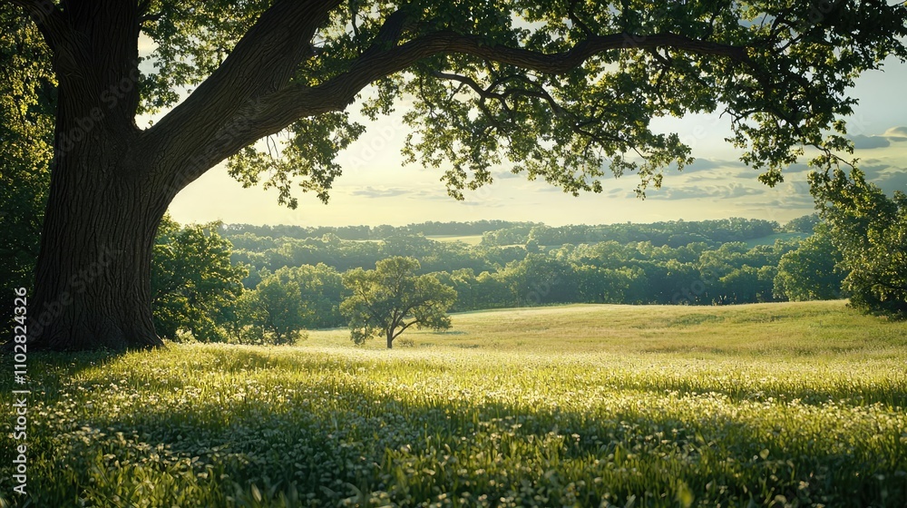 Poster lush green field under a large tree with a scenic background.