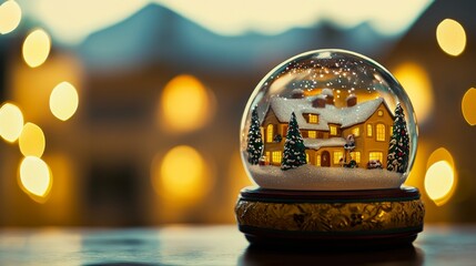 A snow globe featuring a cozy house surrounded by trees, evoking a warm, festive atmosphere.