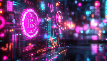 Obraz premium Futuristic financial scene with neon Bitcoin symbol