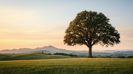 Obraz premium Lone tree on grassy field with sunset in the background, serene landscape view.