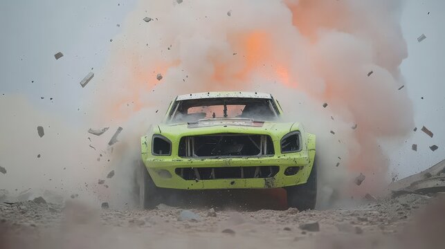 Demolition Derby  Car Crashing Through Explosion  Dust and Debris