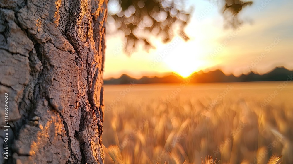 Poster close-up of tree bark with sunset illuminating wheat field in background.