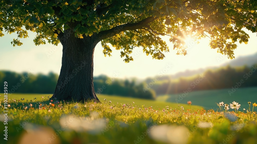 Aufkleber tree with sunlight streaming through leaves in a serene natural setting