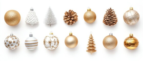 Top view of white and golden Christmas decorations arranged isolated on white background