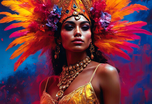 Vibrant Woman in Ornate Headdress with Colorful Feathers
