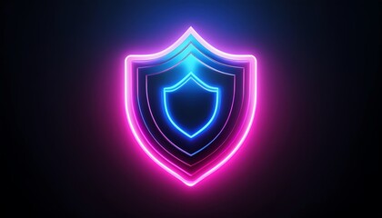 A glowing neon shield symbolizing protection and security, illuminated with vibrant blue and pink colors against a dark background.