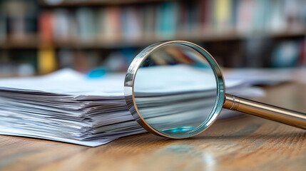 magnifying glass rests over a neat stack of papers, symbolizing focus, analysis, attention to detail, and the search for clarity in a world of information