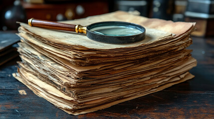 magnifying glass rests over a neat stack of papers, symbolizing focus, analysis, attention to detail, and the search for clarity in a world of information