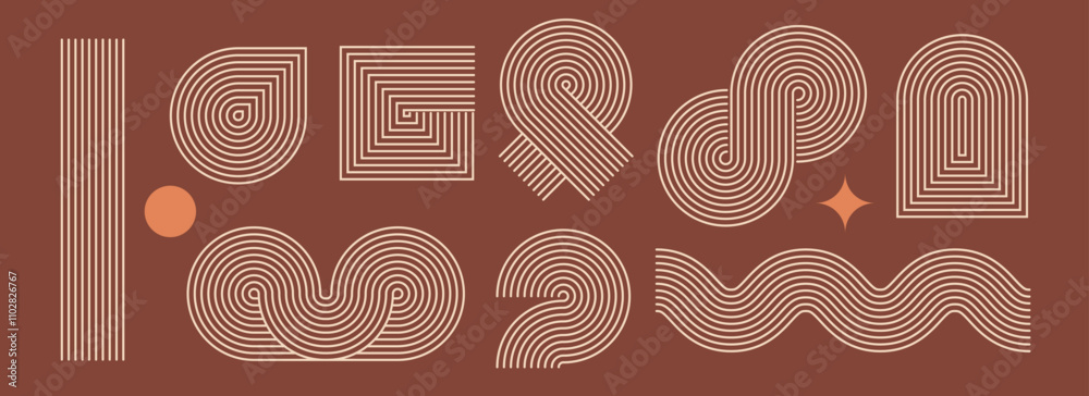 Aufkleber Boho line element set. Brown wave and arch form design. Middle century curves and arcs collection. Bohemian decorative ornamental shape bundle for badge, icon, poster, banner, template. Vector