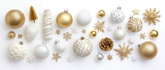 Fototapeta premium Top view of white and golden Christmas decorations arranged isolated on white background