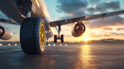 Airplane takes off from runway as sun sets capturing the moment of lift-off
