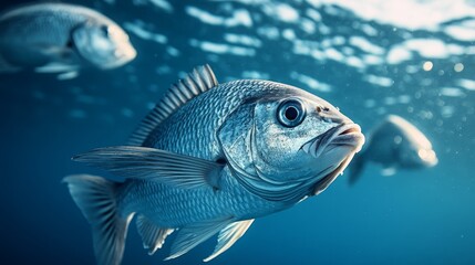Fototapeta premium Underwater scene featuring fish swimming in a clear blue ocean.