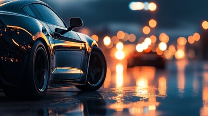 A sleek car parked on a rainy street, reflecting city light in a moody atmosphere.