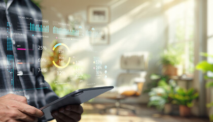 Person Using Tablet in Bright Room Surrounded by Plants with Digital Data Overlay of Statistics and Analytics on Screen Displaying Various Metrics and Information