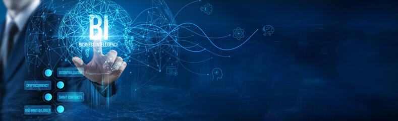 Businessman touching BI icons on virtual interfaces, data visualization, predictive analytics,...