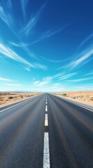 Fototapeta premium Road stretching into the distance under a bright blue sky with a few wispy clouds, blue sky, no buildings, open landscape, scenic view