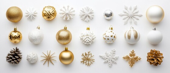 Fototapeta premium Top view of white and golden Christmas decorations arranged isolated on white background