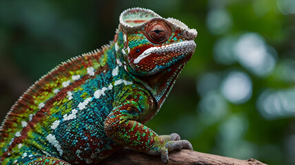 Fototapeta premium Panther Chameleon Panther chameleon Furcifer pardalis Ambilobe 2 years old endemic from madagascar,forest background,