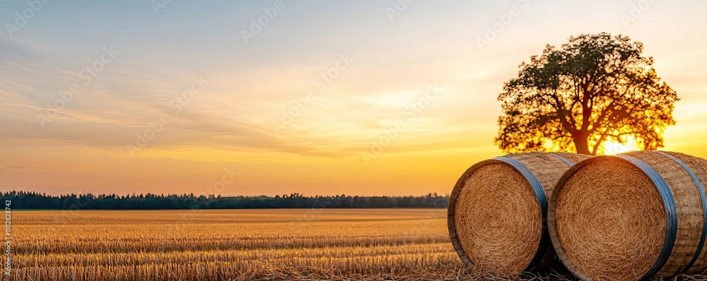 Poster serene sunset over a field with straw bales and a silhouette of a tree.