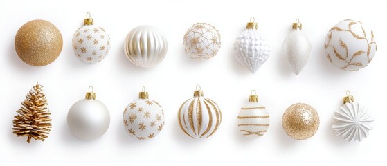 Top view of white and golden Christmas decorations arranged isolated on white background