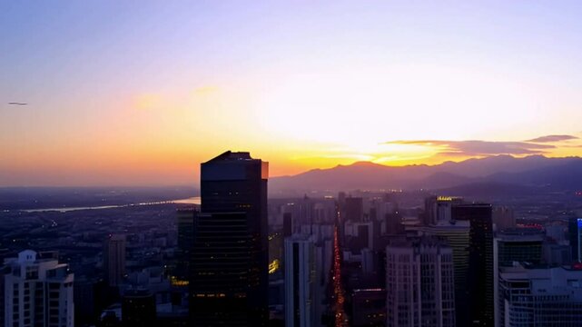 Drone shot of a bustling city skyline at dusk, with lights flickering on as the camera slowly zooms out to reveal the surrounding mountains