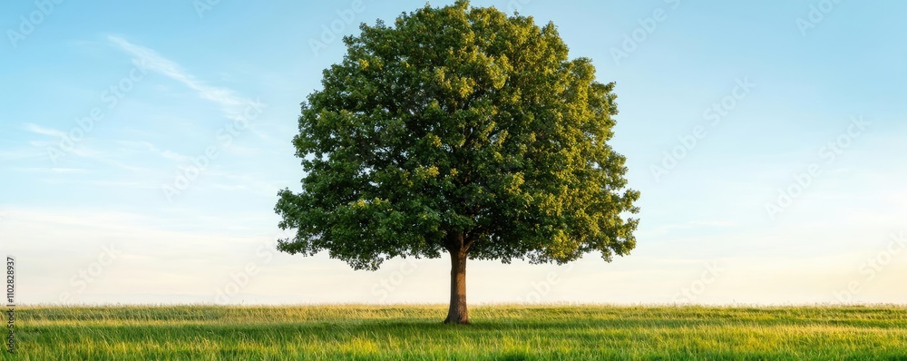 Poster lush green tree standing tall in open field under a clear blue sky.