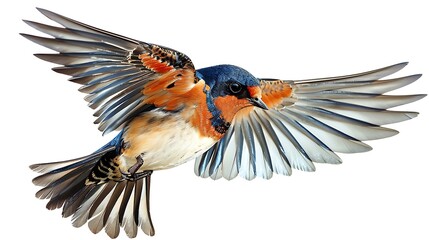 Obraz premium A sweet swallow with agile wings, flying swiftly through the air on a white background