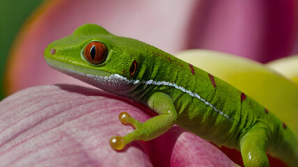 Fototapeta premium Lined Day Gecko on Calla Lily Close-up of frog perching on branch green background,