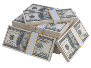 Stack of US paper currency. 3D American Dollars cash one hundred banknotes. Pile of us currency isolated on white background. Creative business finance making money or saving concept