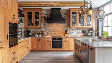 Fototapeta premium A modern kitchen featuring wooden cabinets, brick walls, and stylish appliances for cooking and dining.